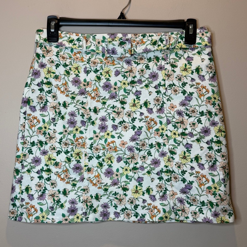 LOFT Cotton Linen Blend White Multicolor Floral Belted Mini Skirt Womens Size 6